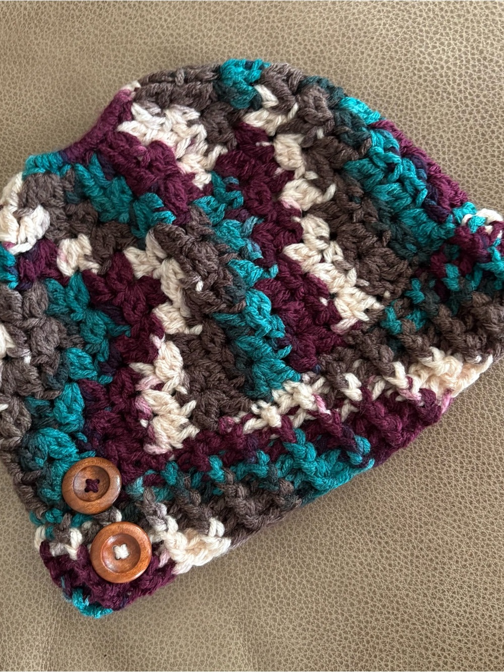 Handmade ponytail/bun hat in Teal, Plum, Cream & Brown